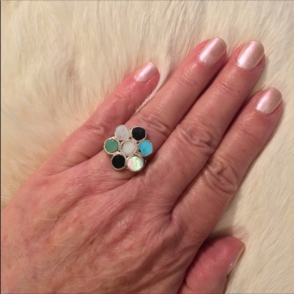 925 SterlingSilver(?) Artisan💍w/7 Gemstone 5 - Picture 7 of 8